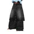 Fashionjeans women's washed fake two-piece raw edge loose pants high waist mop street looseplus sizestraight-legpants
