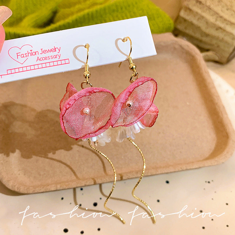 French fairy pink flower tassel stud earrings - unique, high-end, statement earrings for women - beach vacation style, niche jewelry