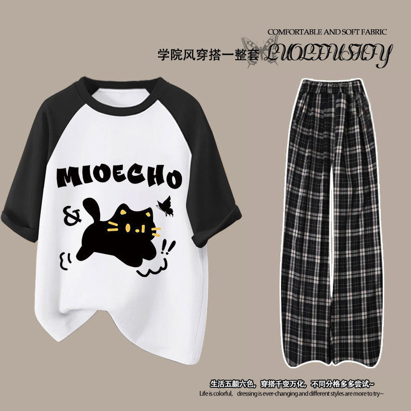 Girls' summer  new cute two-piece set: kitten casual short-sleeve loose-fit plaid pants outfit with cartoon design