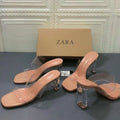 New 2024 square toe crystal heel mule sandals - stylish, versatile, single strap, transparent heel, women's outdoor wear