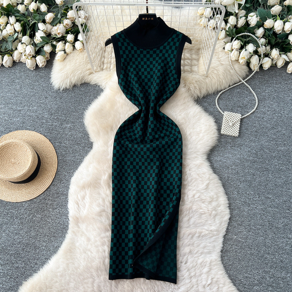 French chic high-end fashion color block knit dress - women's figure-flattering, slit hem, slim-fit tank dress