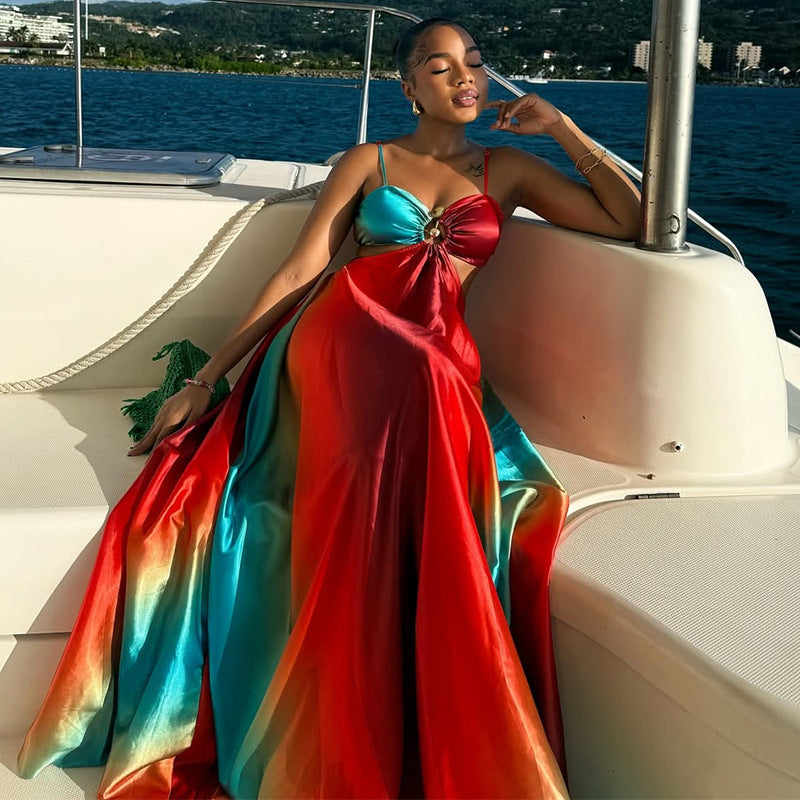 European and american cross-border women's fashion  summer new sexy gradient high-waisted vacation style long slip dress