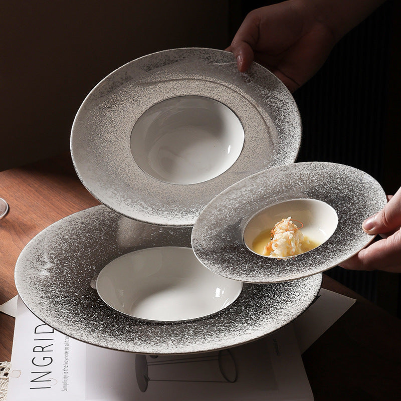 Nordic gradient sprayed high-value light luxury ceramic western food pasta plate, straw hat plate, restaurant hotel business straw hat plate