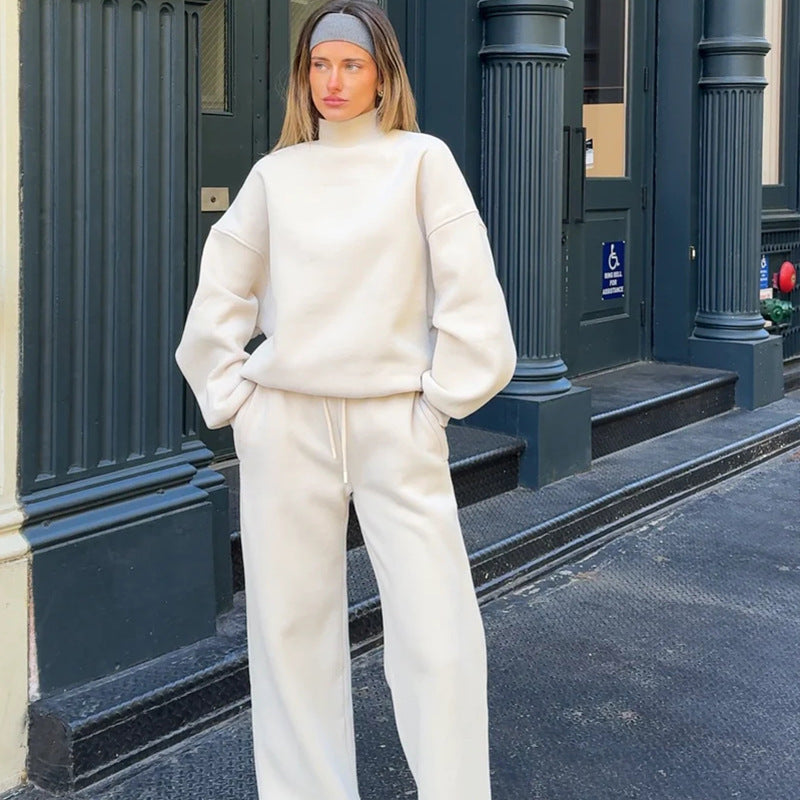 European and American casual women's suit solid color long-sleeved turtleneck sweater strap-up sports trousers two-piece set