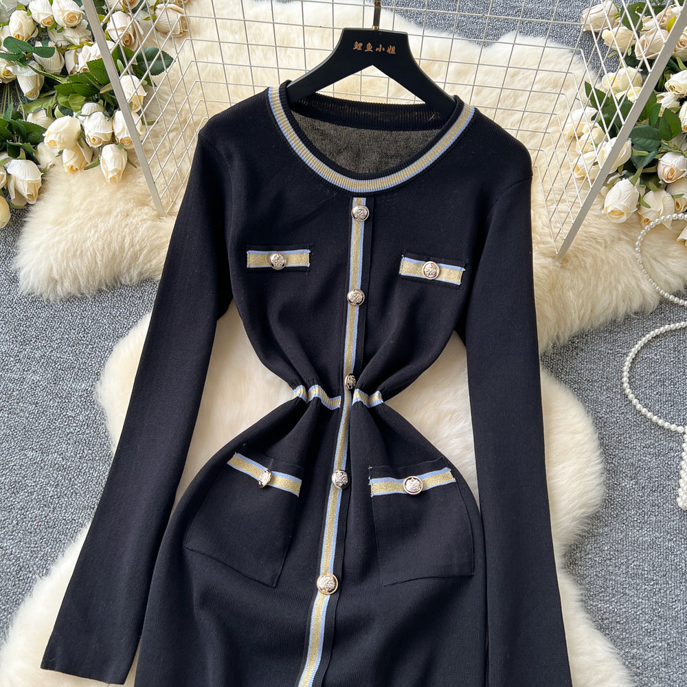 Fall and winterfrenchclassy small fragrant round neckcontrast color metal buckle waist slimming lookelegant inner sweaterdress