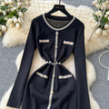 Fall and winterfrenchclassy small fragrant round neckcontrast color metal buckle waist slimming lookelegant inner sweaterdress