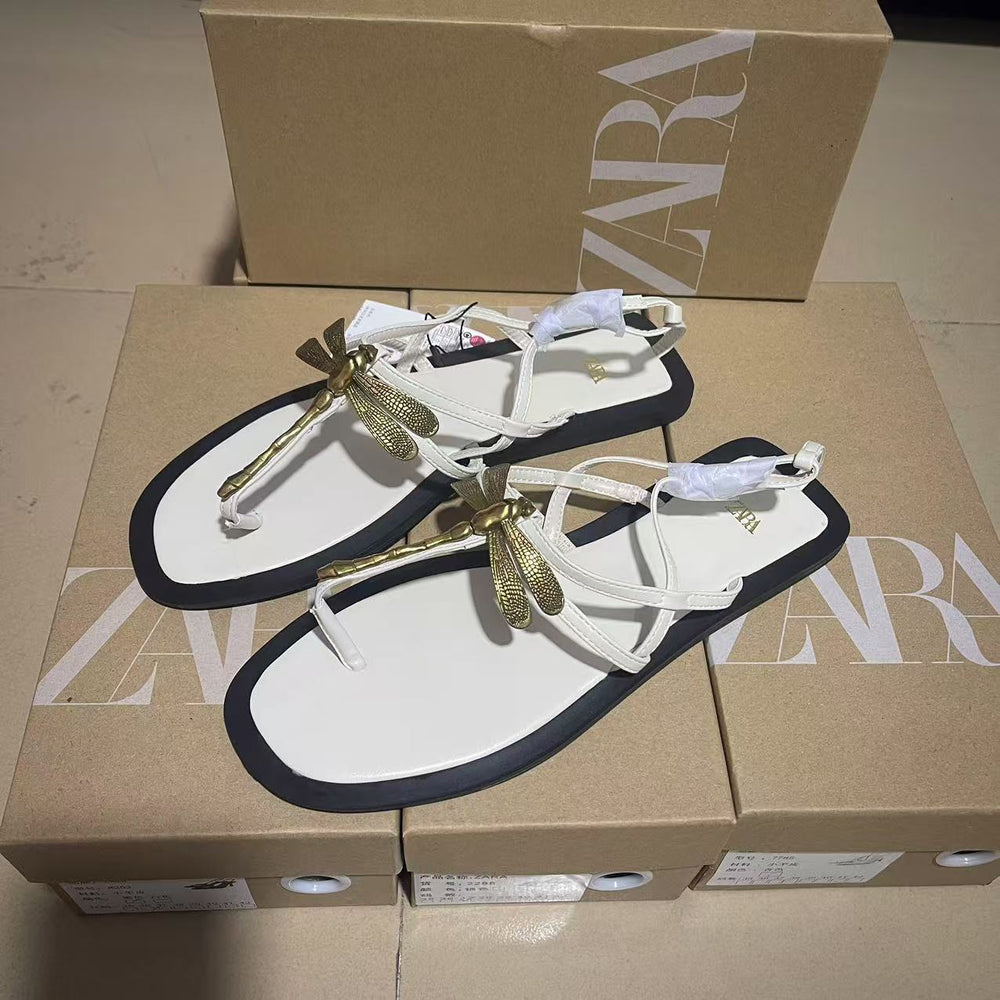 Za2024summer herringbone casualeasiest for match women's shoes metal dragonfly decoration flats sandals daily outwear women's shoes