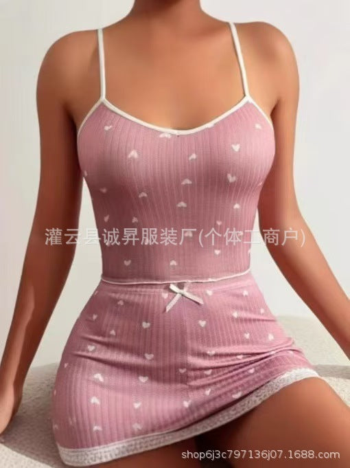 Amazon european and american style home wear multi-color heart print ribbed jacquard sexy lingerie set with camisole and shorts