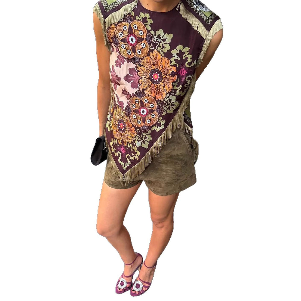 european and american cross-border independent station  irregular tassel cross tops retroeasiest for match chinese style tops