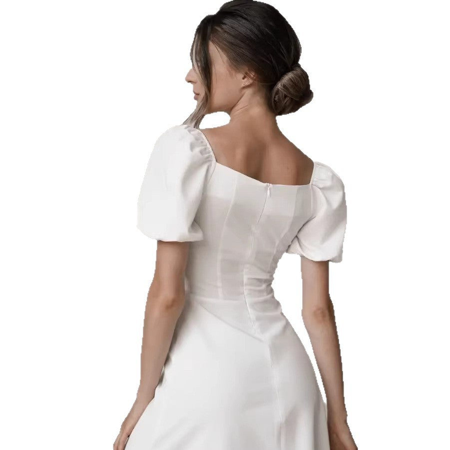 fall/winter new arrival: white bubble sleeve dress - ethereal & chic, european & american style, high-end fashion