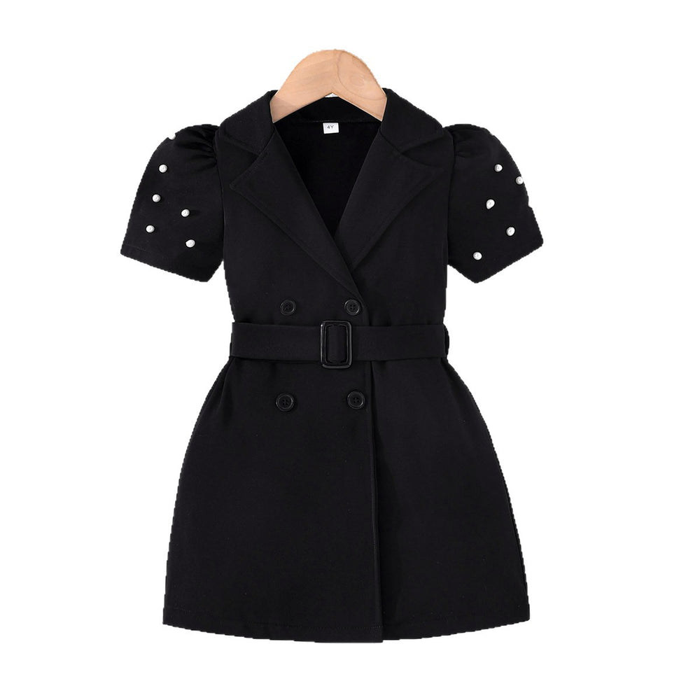 new summer collection: girls' solid color short-sleeve casual dress + belt two-piece set