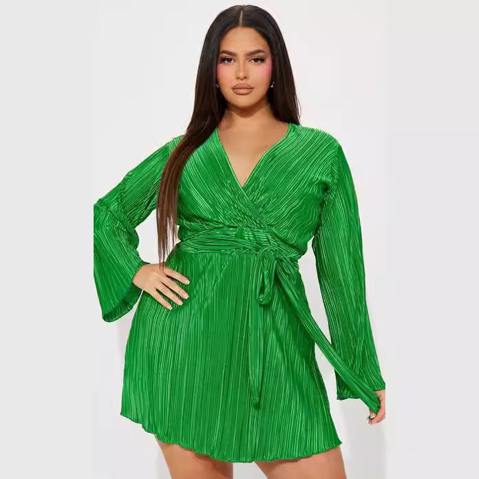 Amazon women's  spring new high-waisted long sleeve solid color backless tie-up pleated asymmetrical dress