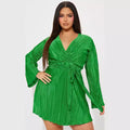 Amazon women's  spring new high-waisted long sleeve solid color backless tie-up pleated asymmetrical dress