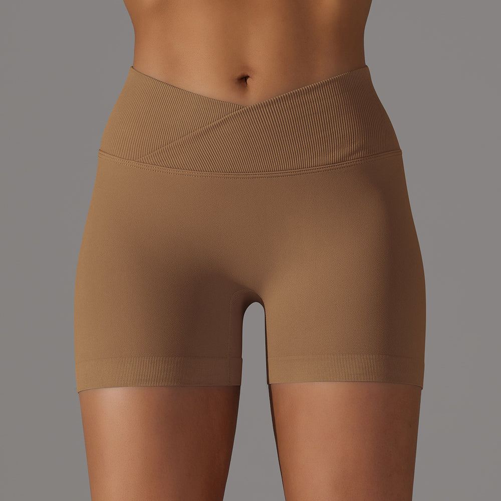 fashion seamless knitting breathable pure color cross waist peach butt yoga shorts running fitness three-quarter pants women