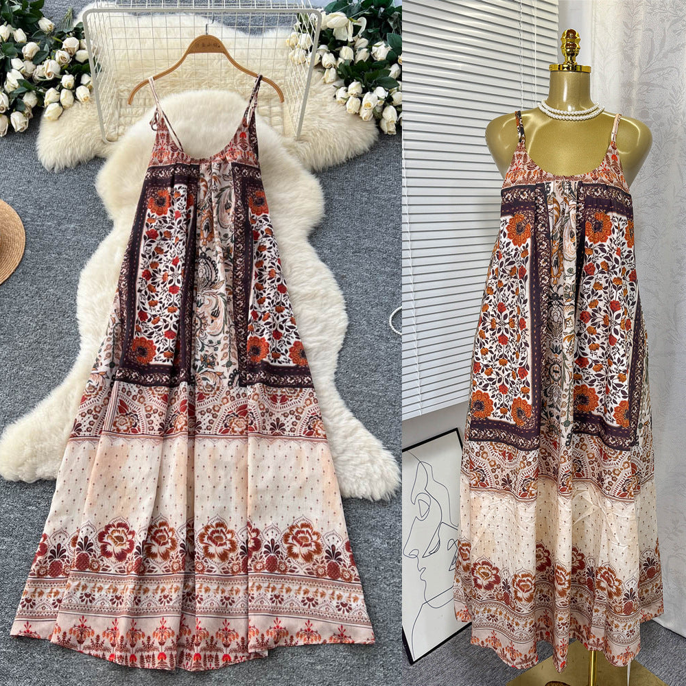 Bohemian print halter backless dress - women's summer vacation beach dress - slimming and flattering maxi dress
