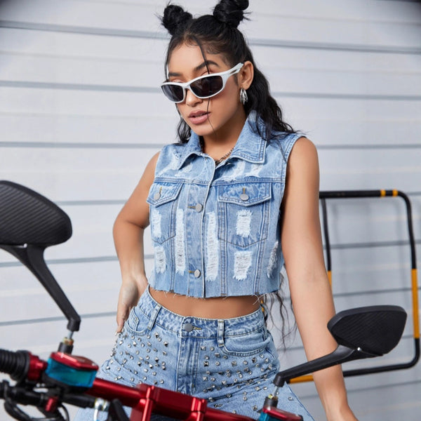 TC70129 #European and American   women's jacket top sleeveless short worn light blue denim jacket