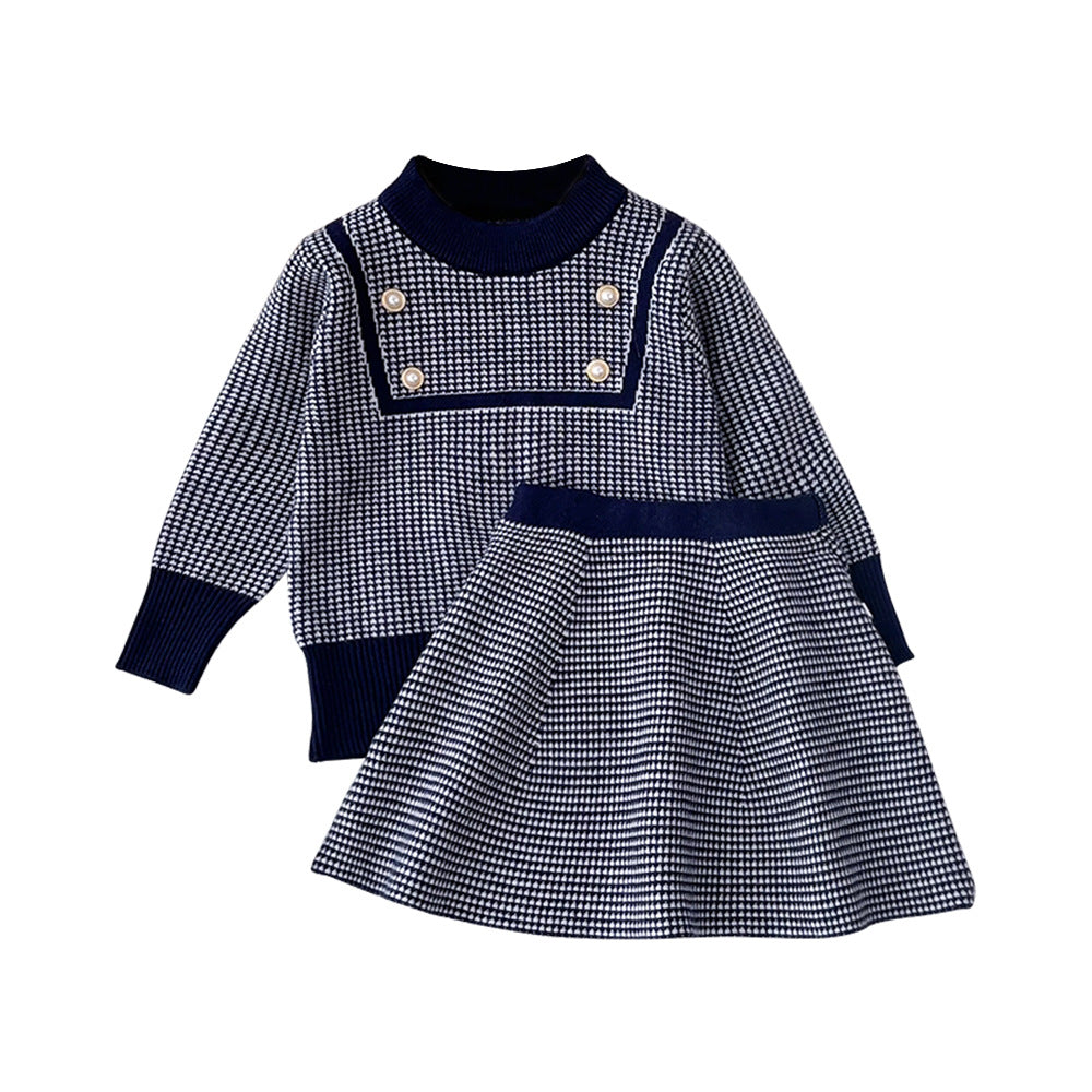 Autumn/winter new korean style girls' sweater set - little girl's simple plaid long-sleeve knit top and skirt two-piece outfit
