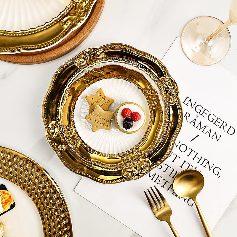Accessible luxury pastry plate ceramic gold rim western food plate special ceramic steak plate commercial tableware casual model room decoration