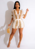 Amazon  hot selling european and american women's clothing sexy women's cut out see-through lapel knitting shorts suit