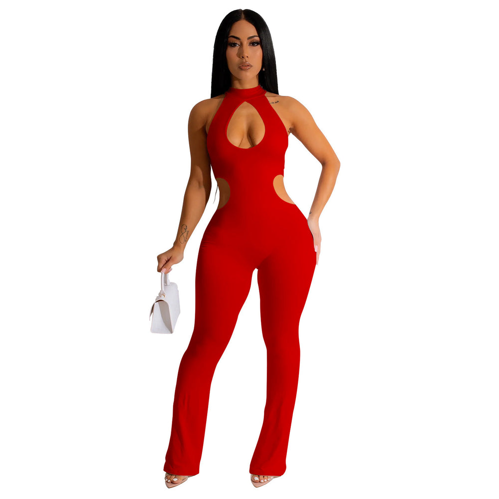 C6580 cross-border   fashion women's solid color sexy halter neck cutout long pants jumpsuit