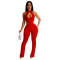 C6580 cross-border   fashion women's solid color sexy halter neck cutout long pants jumpsuit