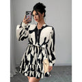 fashion  autumn new arrivalelegantv neck lantern sleeve ruffles long sleevesshortdress