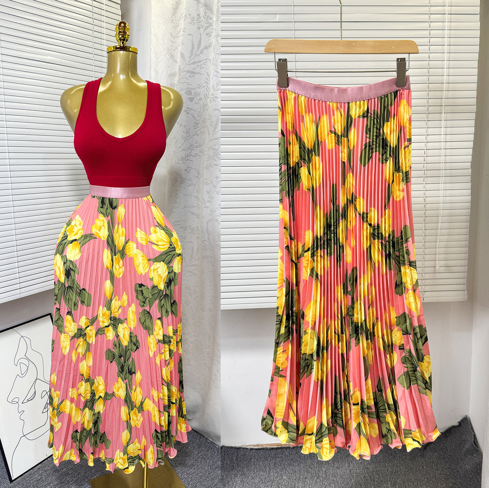 export 2026 summer new arrival: printed pleated a-line midi skirt with elastic waist and flared ruffle hem