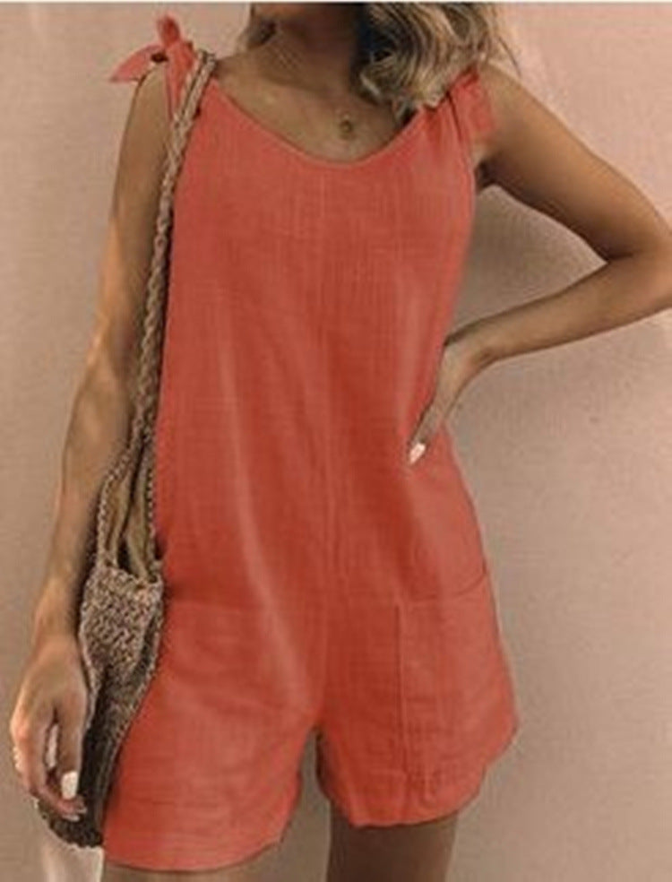 summer   hot-selling solid color cotton linen patch pocket fashion jumpsuit