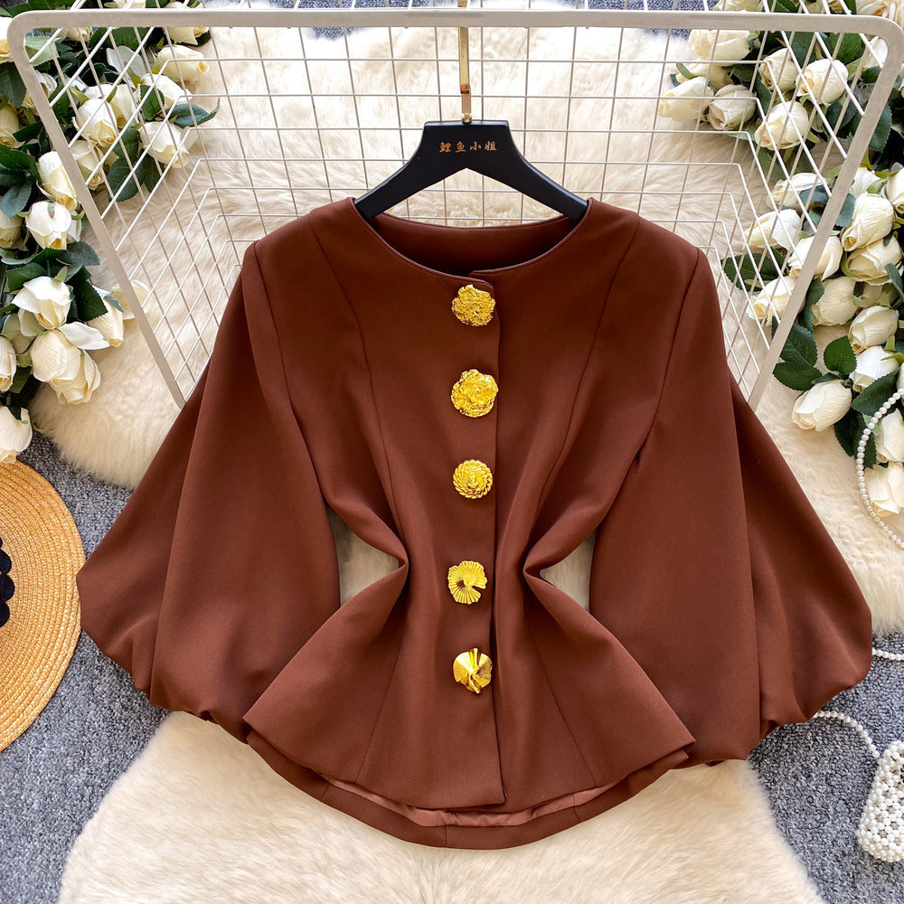 Retro style round neck woolenoutwear women's medium longwoolen metal button waist elegantwork clothing light mature style coat
