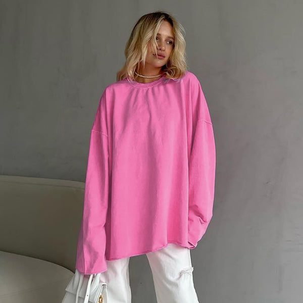 2025 Autumn American Street Pink Crew Neck Long Sleeve T-Shirt Women's Design Loose Cotton Pullover Women's Clothing