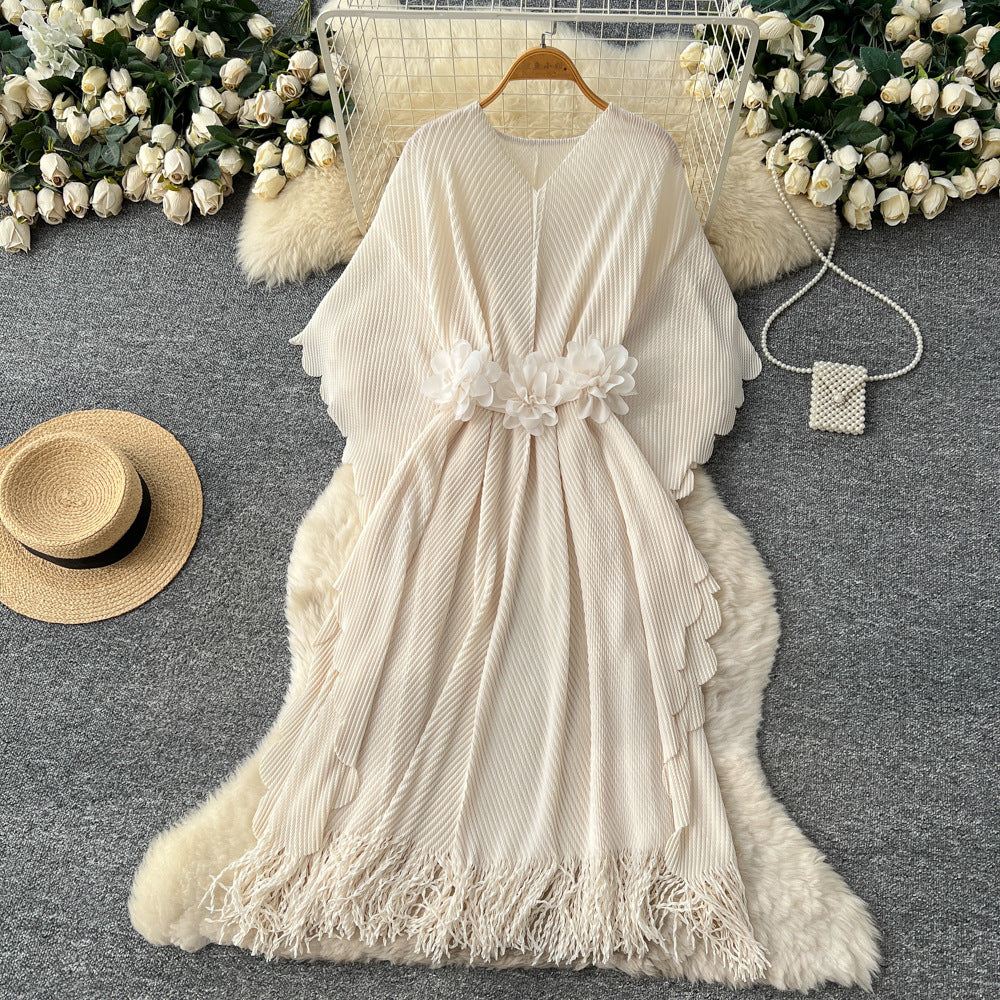 Fashion cross-border miyake pleated dress female v neck waist stereo flower decoration tassel long skirt elegantwork clothing