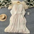 Fashion cross-border miyake pleated dress female v neck waist stereo flower decoration tassel long skirt elegantwork clothing