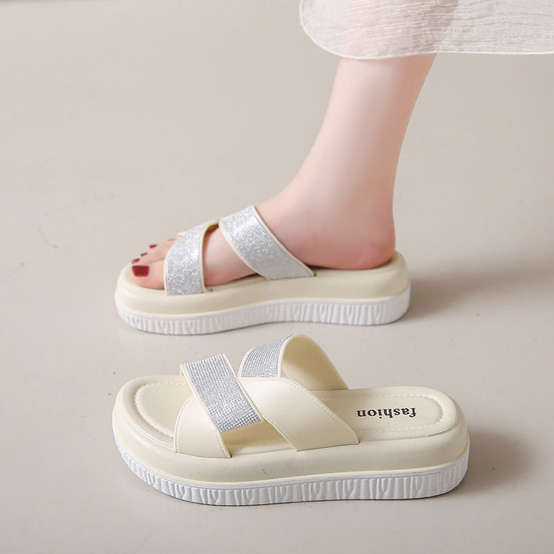 Trendy rhinestone sandals women's summer new thick sole height increasing flip flops beach high-end slippers