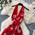 Pure desire style red printinghalterdress women's summer waist slimmingelegantelegancea-line elegant long skirt