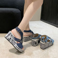 Plus size wedge heel denim peep-toe sandals -  new fashion, comfortable, versatile, rhinestone high heels for export