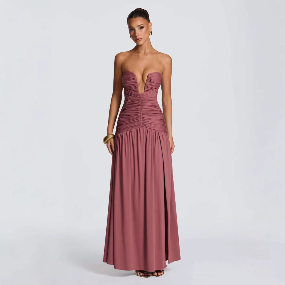 european and american women's clothing  spring/summer new collection: solid color, elegant bandeau, high slit, ruched, sexy bodycon dress