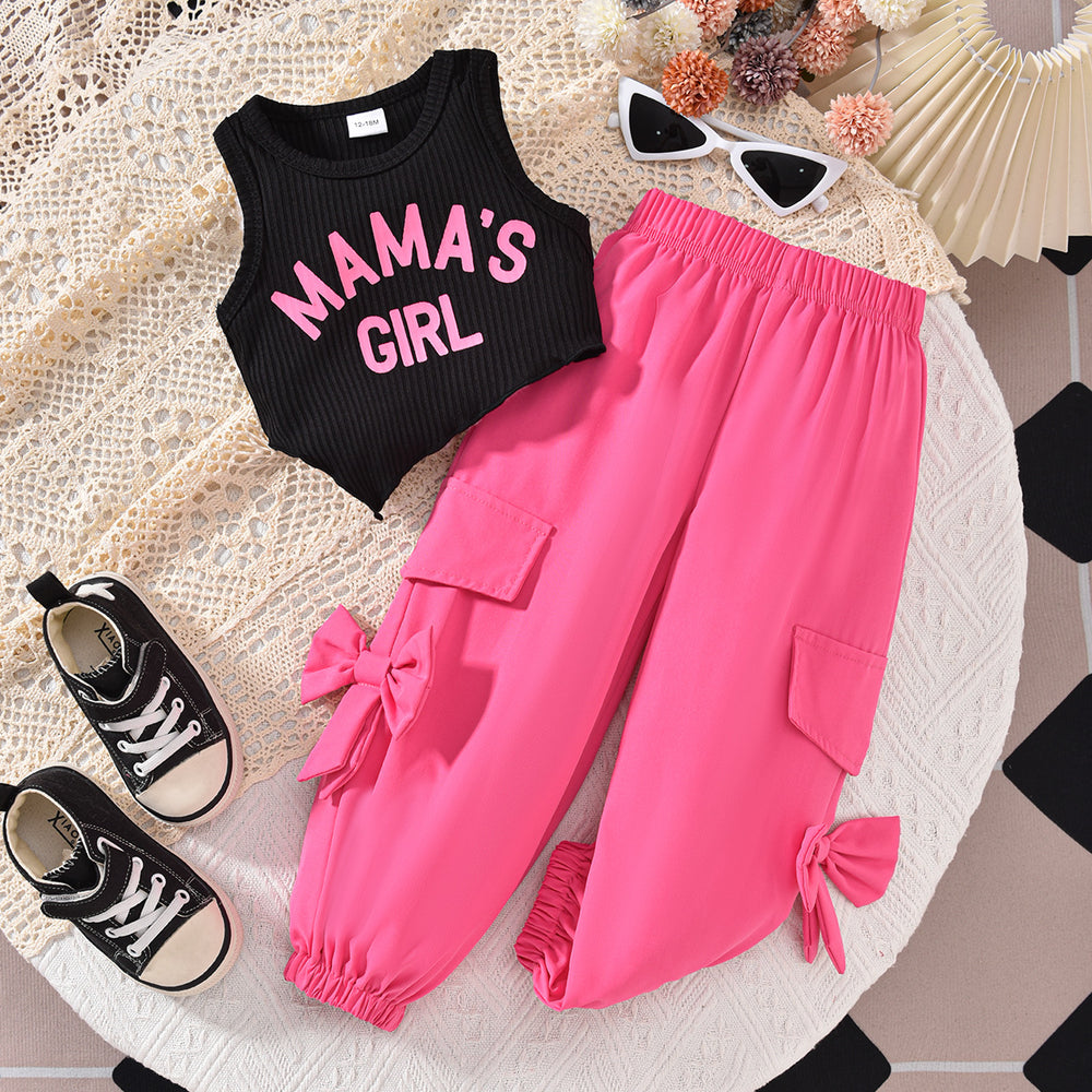 children's clothing, european and american style, girls' spring/summer sleeveless letter-print tank top and tie-up cargo pants two-piece trendy kids' outfit
