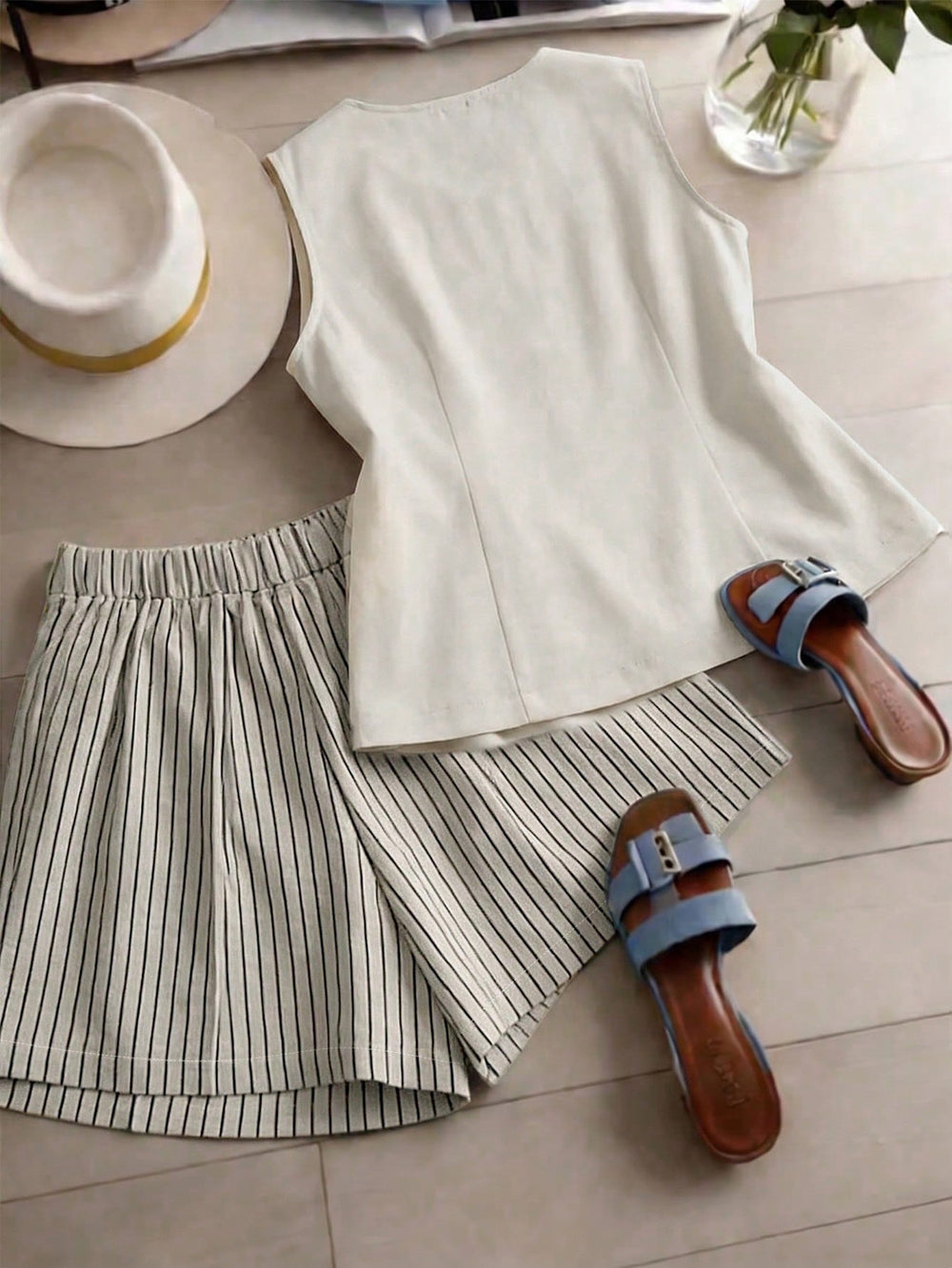 fashion  summer new beige sleeveless vest striped shorts suit work clothingcasualtwo-piece set