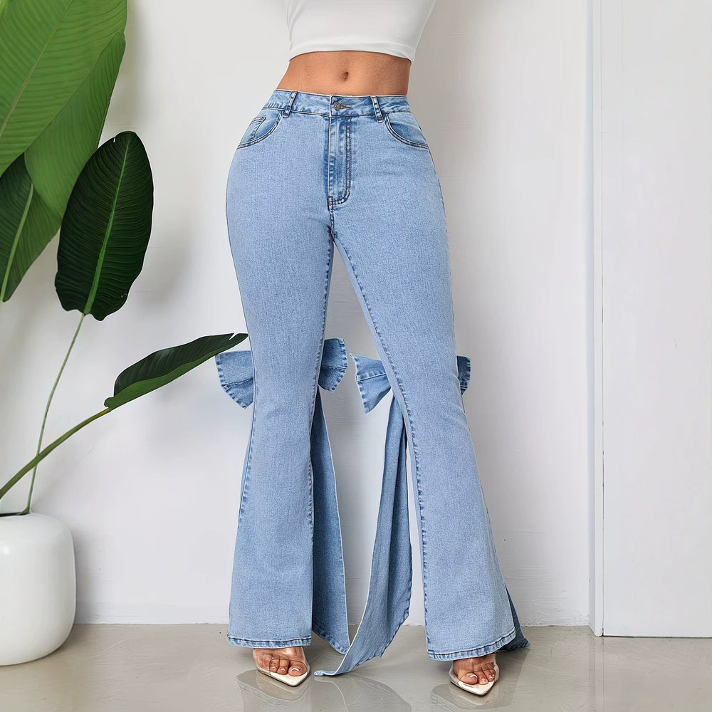 Fashionjeans women's bows slit slightly flared jeans washed high waist elastic silm mop hot style