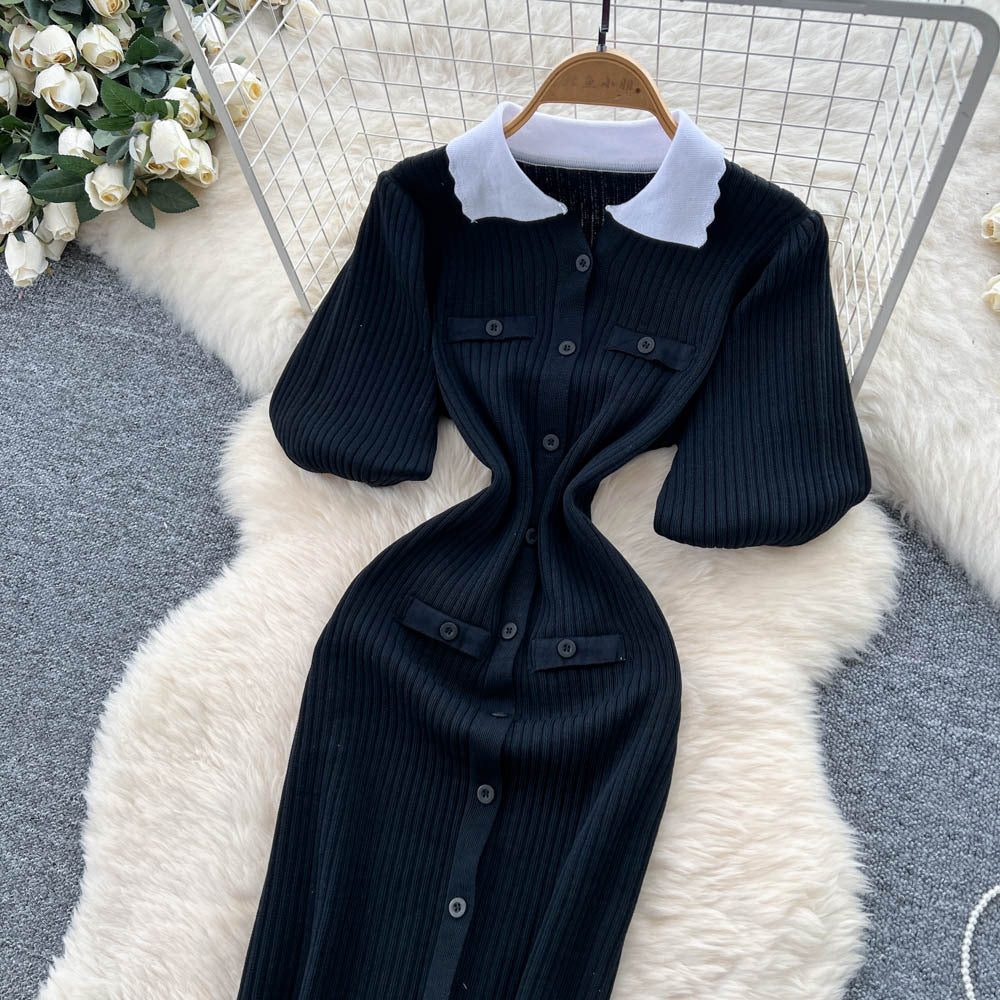 Classy sense of nichefashionablecontrast colorpolo collar puff sleeve dress female summerfrench waist knitting long skirt