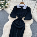 Classy sense of nichefashionablecontrast colorpolo collar puff sleeve dress female summerfrench waist knitting long skirt