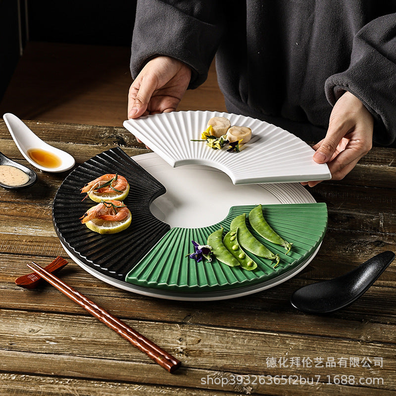 11inch fan-shaped plate set - japanese-style sushi plates, solid color retro breakfast ceramic plates, minimalist dishes for home use