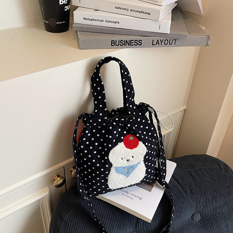Cross-border cartoon canvas bag women's new drawstring messenger bag simple portable cloth bag bucket bag lightweight shoulder bag