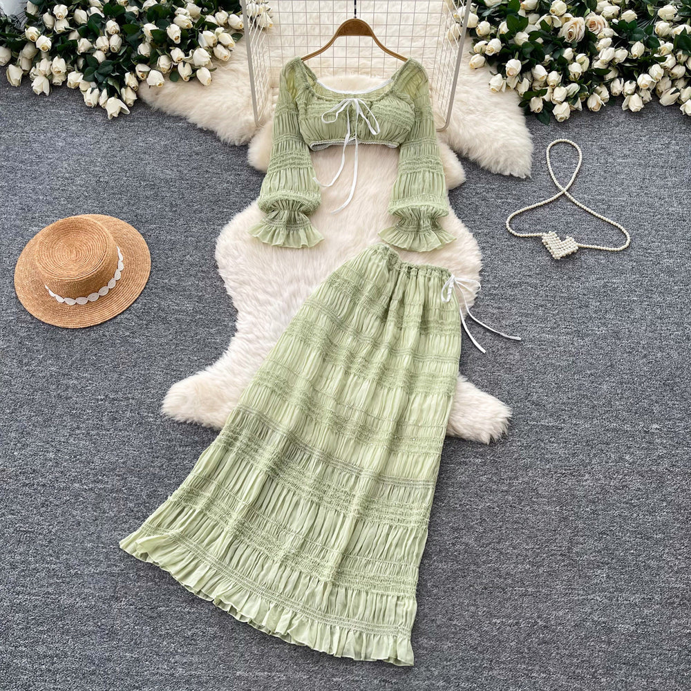 French riviera style off-the-shoulder ruched top and high-waisted tiered skirt two-piece set - women's autumn slim fit, figure-flattering, and elegant