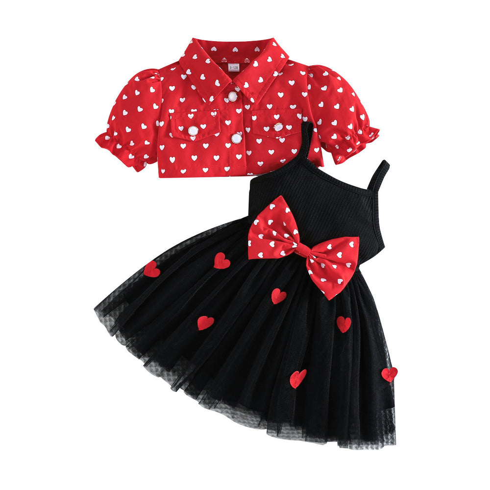 new european and american style girls' summer heart-shaped shawl suspender mesh dress embroidered heart set - two-piece dress set