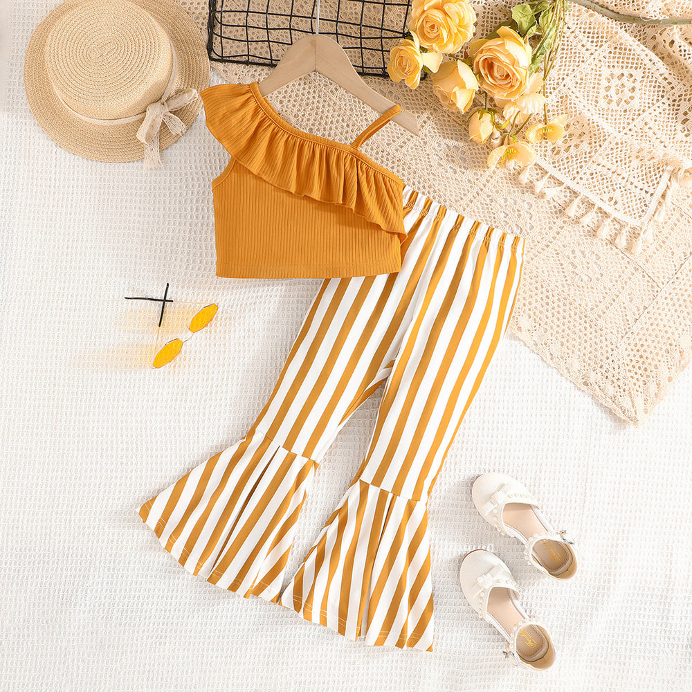 fashion children's wear cross-border girls' ruffles suspender tops stripes flare pants suit children's wear