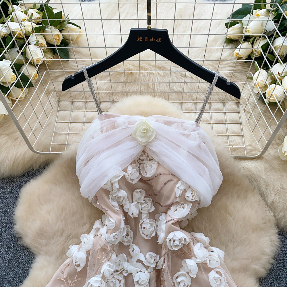 Evening gown high-end women's dress 2025 spring french sequin 3d floral waist-cinching spaghetti strap mesh dress