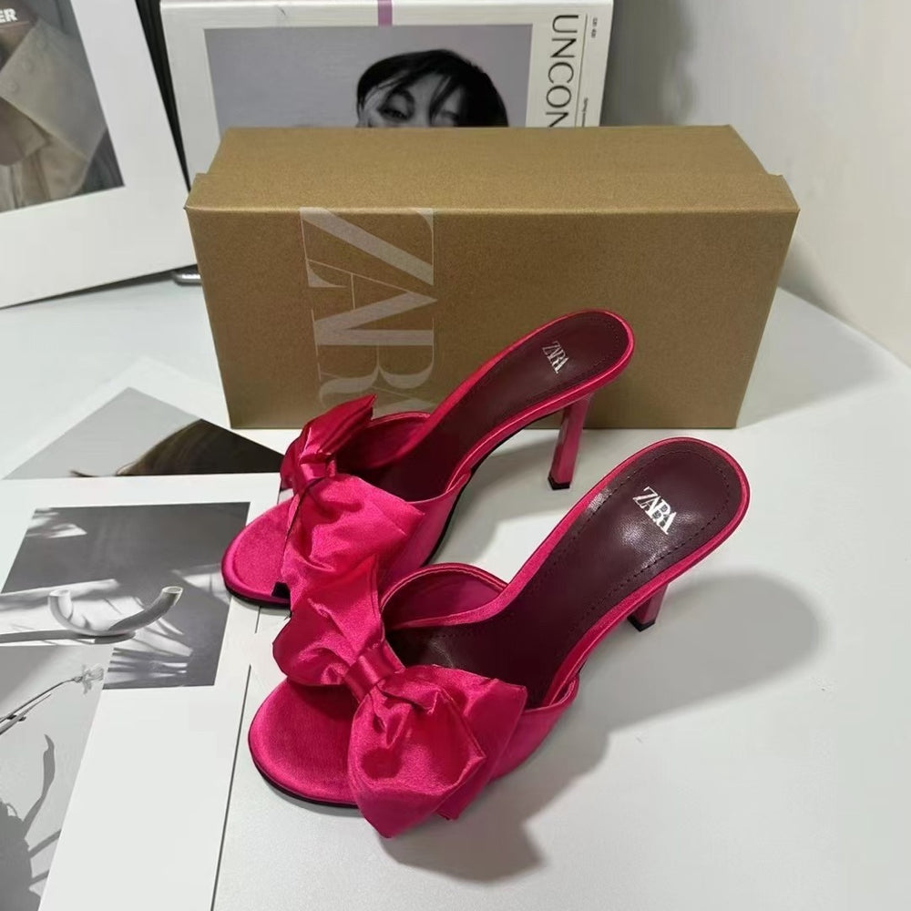 Za 2024 summer new women's pink bow high heel mules - round toe, open back, stiletto heel sandals