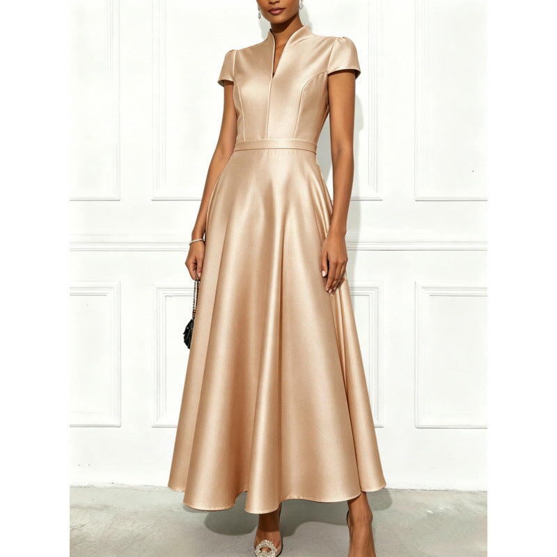 European and american cross-border new arrival: solid color knitted satin short-sleeve a-line dress with cinched waist