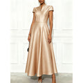 European and american cross-border new arrival: solid color knitted satin short-sleeve a-line dress with cinched waist